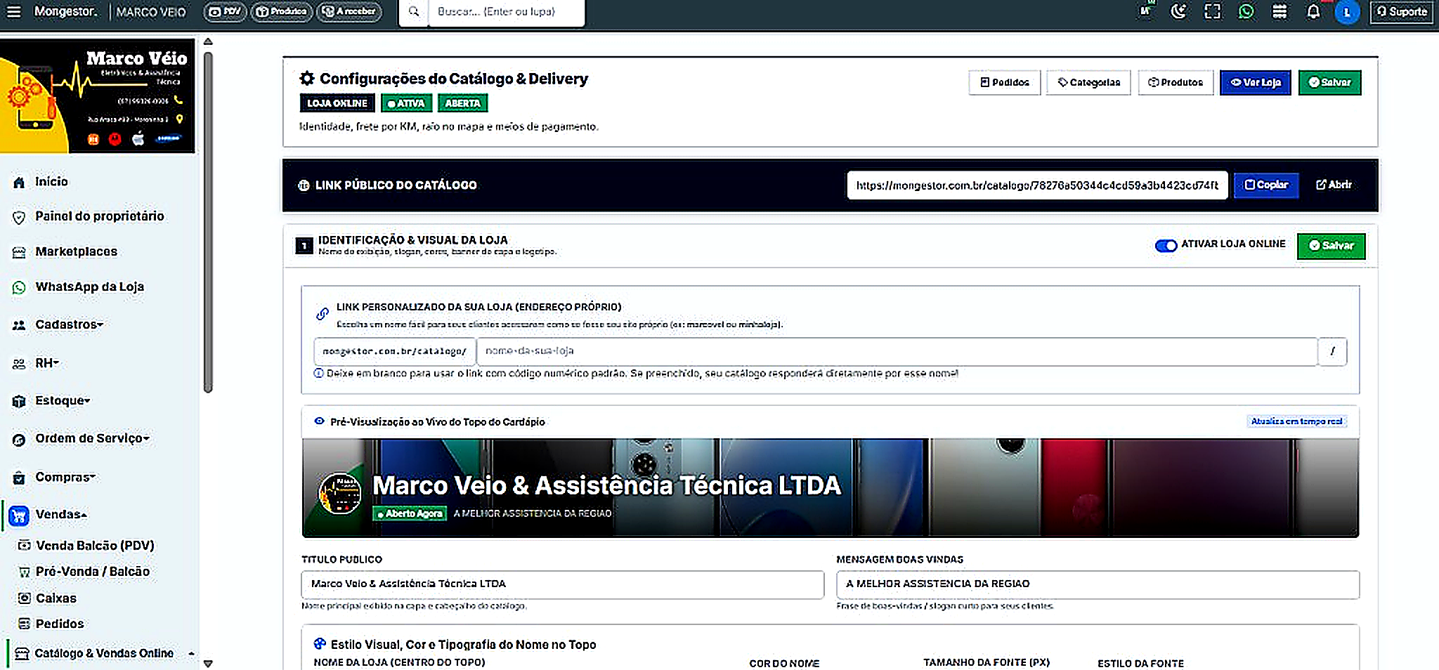 Configurações Catálogo Delivery Mongestor