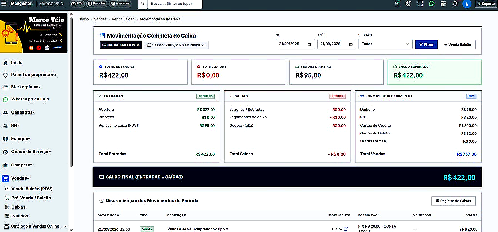 PDV Movimentação do Caixa Mongestor