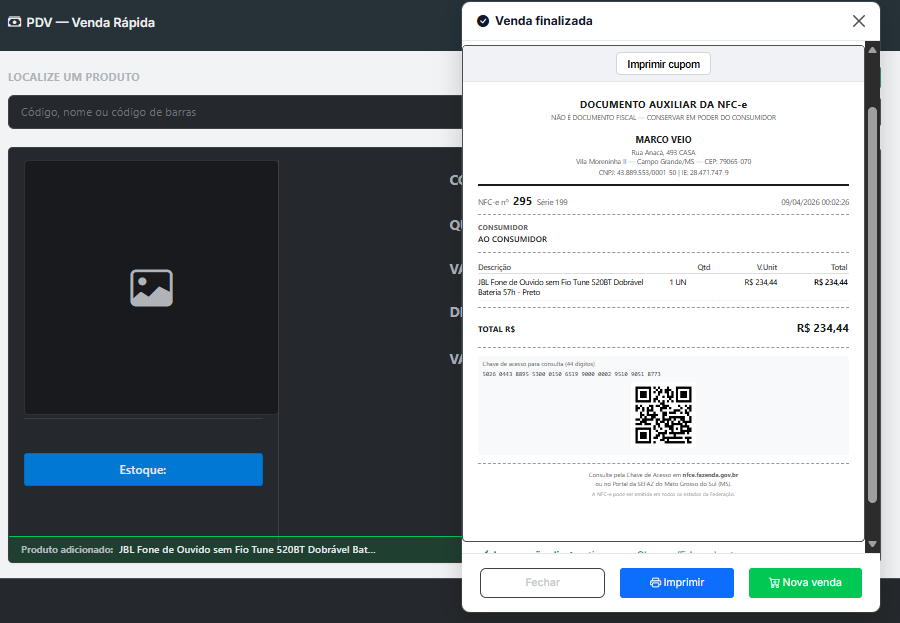 NFC-e emitida no PDV Mongestor — documento auxiliar e QR Code